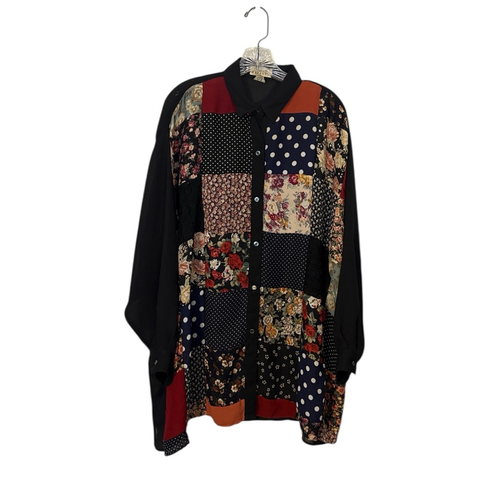 Vintage 90s Express Multicolor Patchwork Women's Tunic Blouse Button Front Flowy - Picture 2 of 11